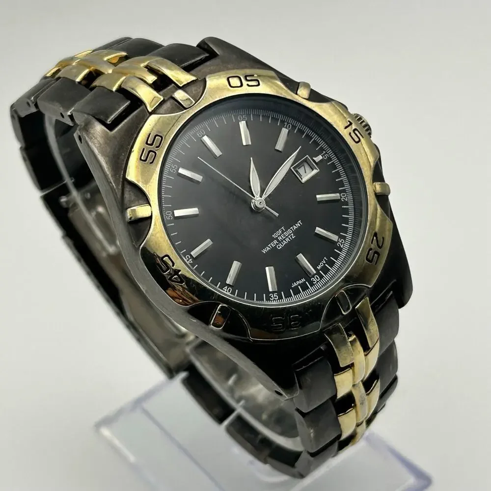 Men’s Gold and Black Stainless Steel Men’s Watch Working New Battery